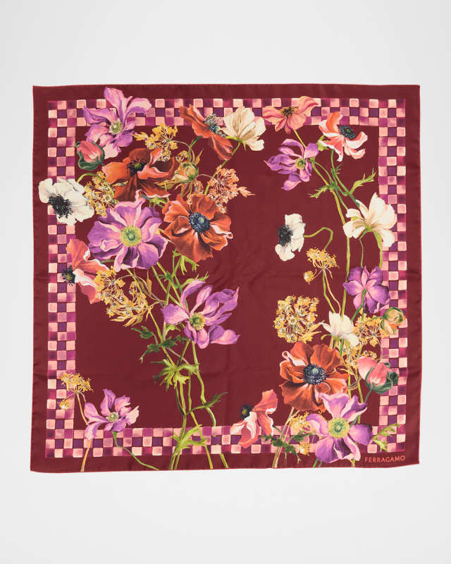 Bordeaux Flower Print Silk Foulard Scarf